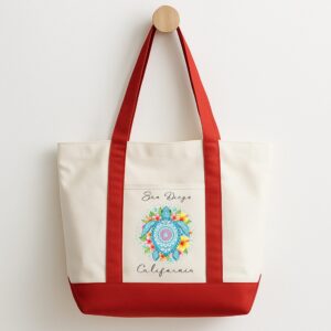 Red and white zipper beach tote with Sea Turtle Floral design and ‘San Diego California’ text.